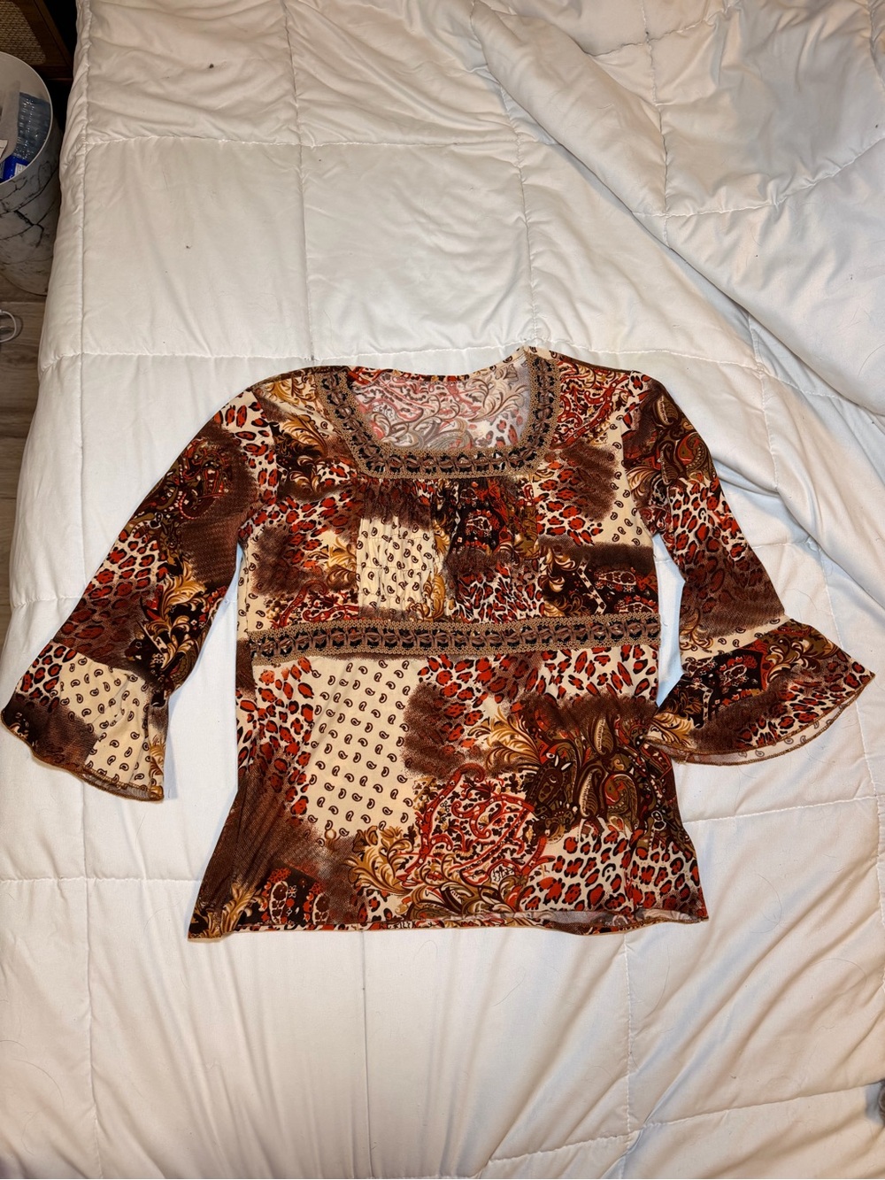 Women's Square-Neck Patchwork Blouse in Brown and Cream